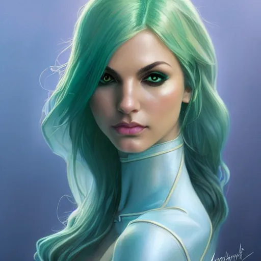 Prompt: Victoria Justice with pale skin, teal hair and green eyes as Emma Frost, western, D&D, fantasy, intricate, elegant, highly detailed, digital painting, artstation, concept art, matte, sharp focus, illustration, art by Artgerm and Greg Rutkowski and Alphonse Mucha