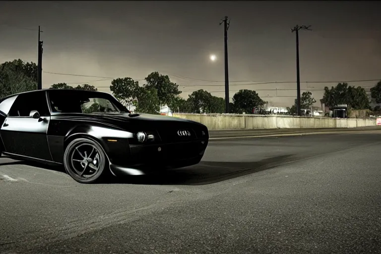 Image similar to widebody all black audi camaro b 1 ( 1 9 6 9 ), need for speed : carbon, at night, sci - fi, neon lines, phonk music background, smoke behind wheels, noise, dark, establishing shot, by simon stalenhag