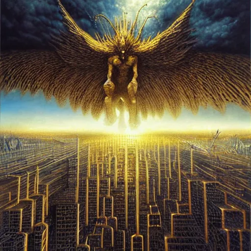 Image similar to winged kaiju attacks the city, atmospheric lighting, painted, intricate, golden hour, ultra detailed by peter gric, giger, enki bilal