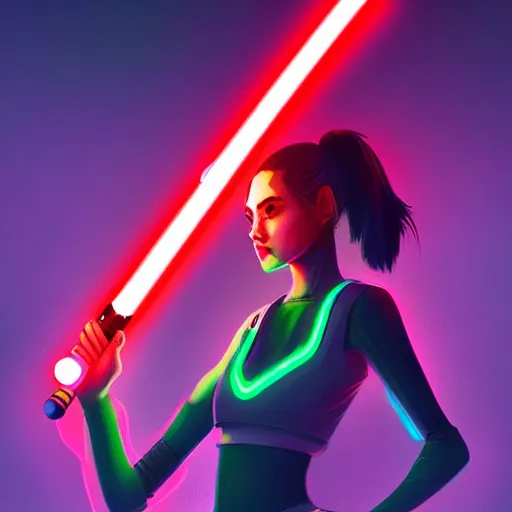 Image similar to a girl holding a lightsaber in a neon cyberpunk city at night, art station, digital art, cinematic, artgerm