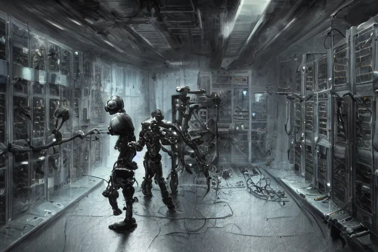 Image similar to gloomy colossal ruined server room in datacenter by eddie mendoza blender robot figure automata headless drone robot knight welder posing pacing fixing soldering mono sharp focus, emitting diodes, smoke, artillery, sparks, racks, system unit, motherboard, by rutkowski artstation hyperrealism cinematic dramatic painting concept art of detailed character design matte painting