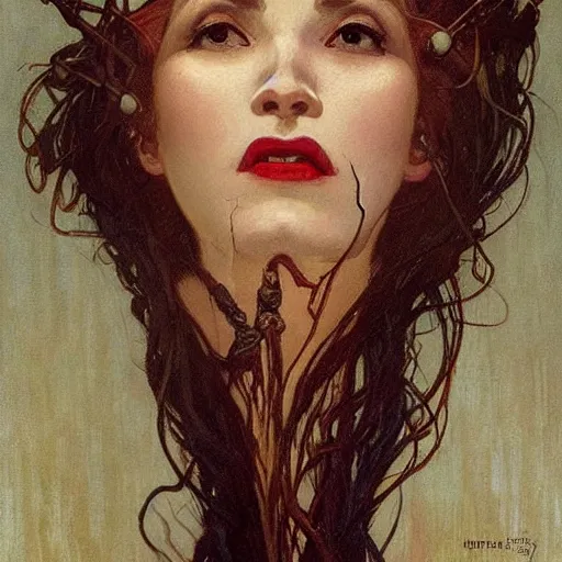 Prompt: portrait of a menacing beautiful vampire, face only, closed mouth, eyes looking up, by Stanley Artgerm Lau , greg rutkowski, thomas kindkade, alphonse mucha, loish, norman rockwell, J. C. Leyendecker. hair waving in the wind, pale skin, sinister complexion, thorn crown, imagine bordered by thorns. D&D, fantasy. Trending on artstation rule of thirds extremely detailed illustration hd 4k