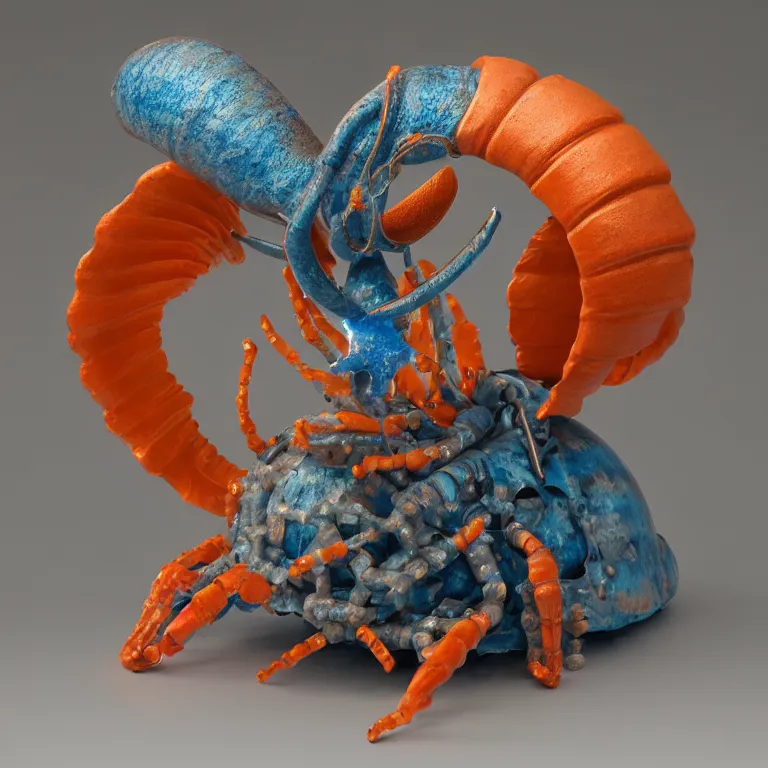 Image similar to hyperrealistic sculpture of a bronze chambered nautilus hermit crab dusted with blue and orange spraypaint in a grid cage on a pedestal by ron mueck and duane hanson and lee bontecou, hyperrealistic dramatic colored lighting trending on artstation 8 k