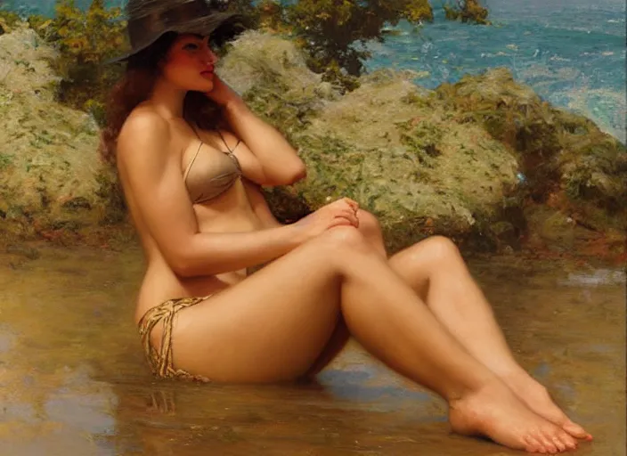Prompt: a beautiful woman in a bikini, highly detailed painting by gaston bussiere, craig mullins, j. c. leyendecker