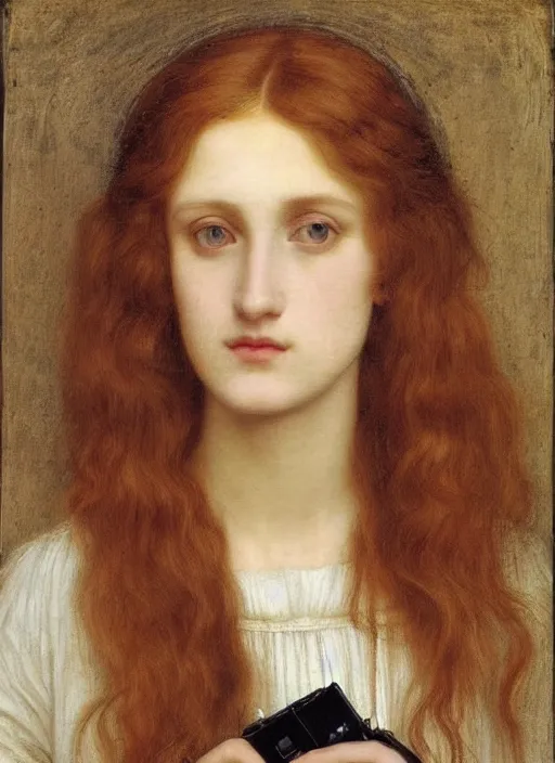 Prompt: Pre-Raphaelite young beautiful woman with blond hair holding a camera