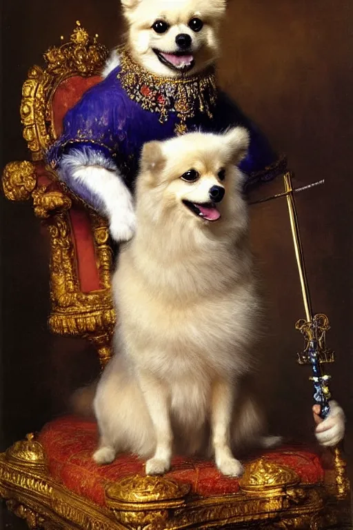 Prompt: a royal pomeranian sitting on a throne holding a royal sceptre, with a crown on its head, by rembrandt and konstantin razumov