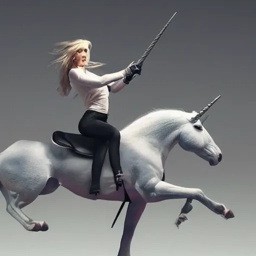 Image similar to a woman resembling olivia newton - john riding a unicorn. sharp colour photograph. soft lighting. depth of field. trending on artstation.