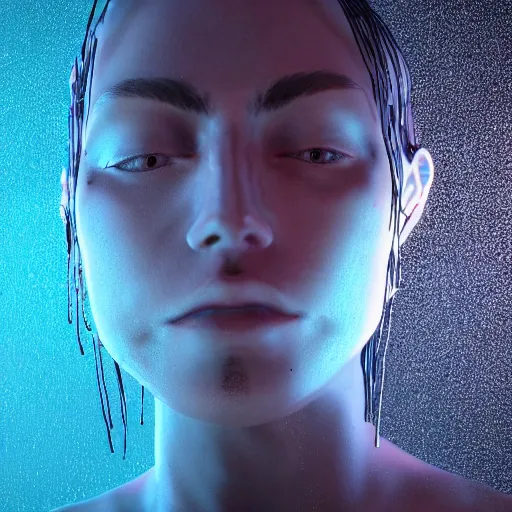 Image similar to a human made out of rain, neon, rendered in octane, unreal engine, highly detailed, realistic, beautiful, emotional