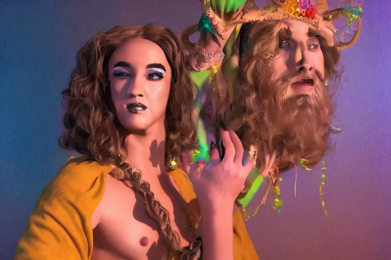 Image similar to picture of Jesus in a drag show., digital art, 8k, UHD, trending on artstation