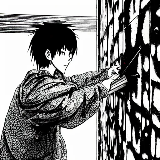 Image similar to close-up scene neighbor holding a drill and drilling holes in a room, all wall is drilled with holes, manga, professional manga artwork, very detailed, black and white manga horror in style of junji ito, kentaro miura, Tsutomu Nihei