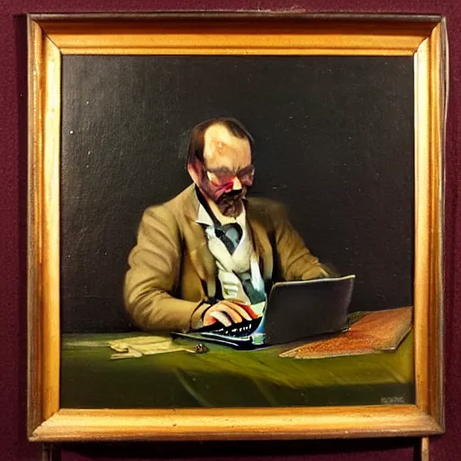 Image similar to a 19th century oil painting of a man having trouble working with his laptop