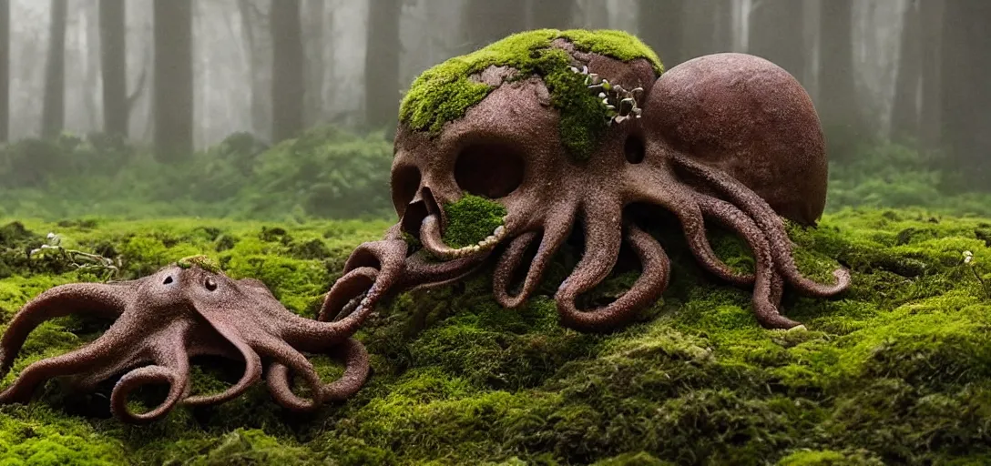 Prompt: an octopus in the shape of a skull surrounded by flowers covered in moss at noon, foggy, cinematic shot, photo still from movie by denis villeneuve, wayne barlowe