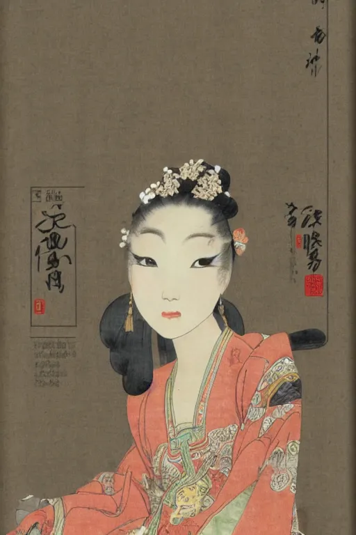 Image similar to tang dynasty songstress by akihiko yoshida and john constable