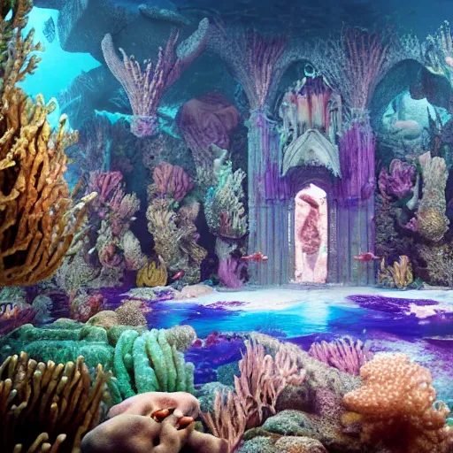 Image similar to a photograph of an underwater cathedral at the bottom of the ocean surrounded by mermaids, by david lachapelle, photorealistic, octane render, unreal engine, 4 k, smooth lighting, subaquatic photography,