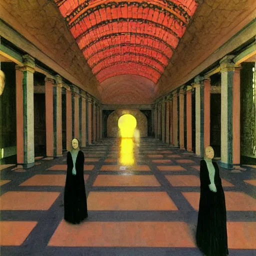 Image similar to a procession of women in a giant abandoned temple, hyperrealistic film still by gottfried helnwein, by klimt, by paolo uccello, art nouveau, highly detailed, lights by edward hopper, liminal, eerie, metaphysical, bright pastel colors,