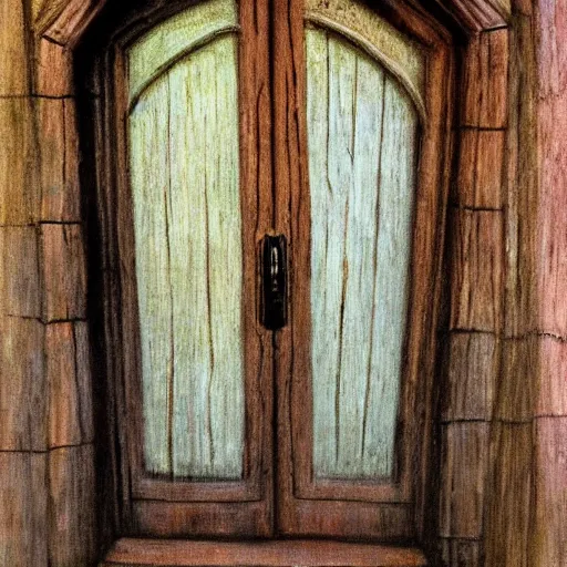 Image similar to Ornate Wooden Door at the entrance of the Elven Dwelling, impressionistic painting