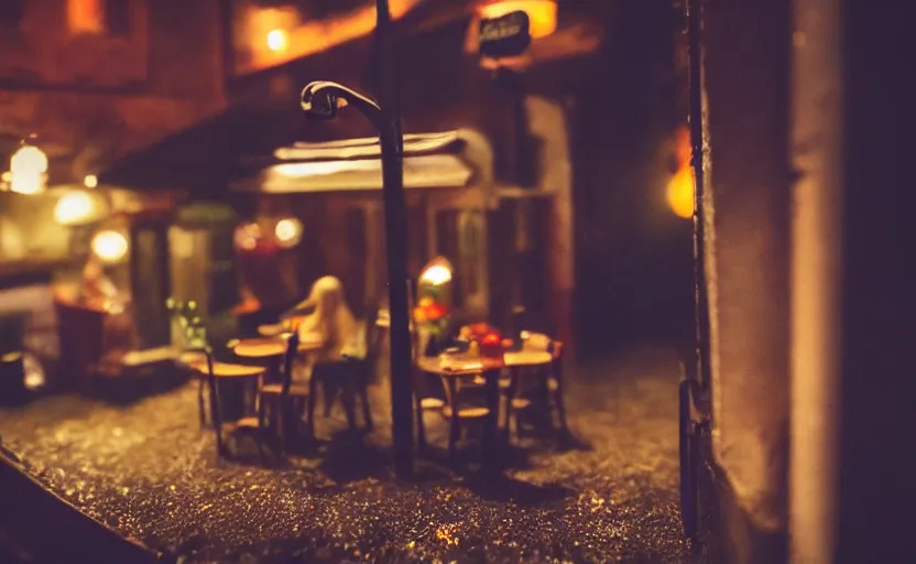 Image similar to miniature cafe nighttime diorama macro photography, cafe for mice, alleyway, ambient, atmospheric, british, bokeh, romantic