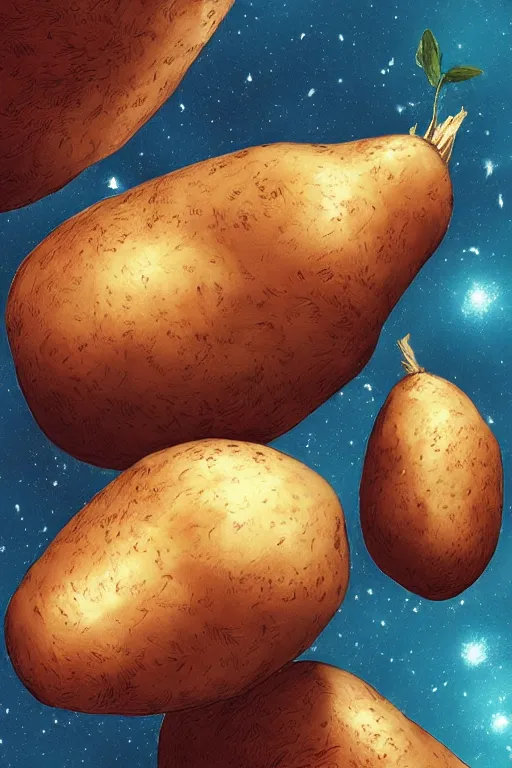 Image similar to fresh potato floating in the universe, in a style of artstation