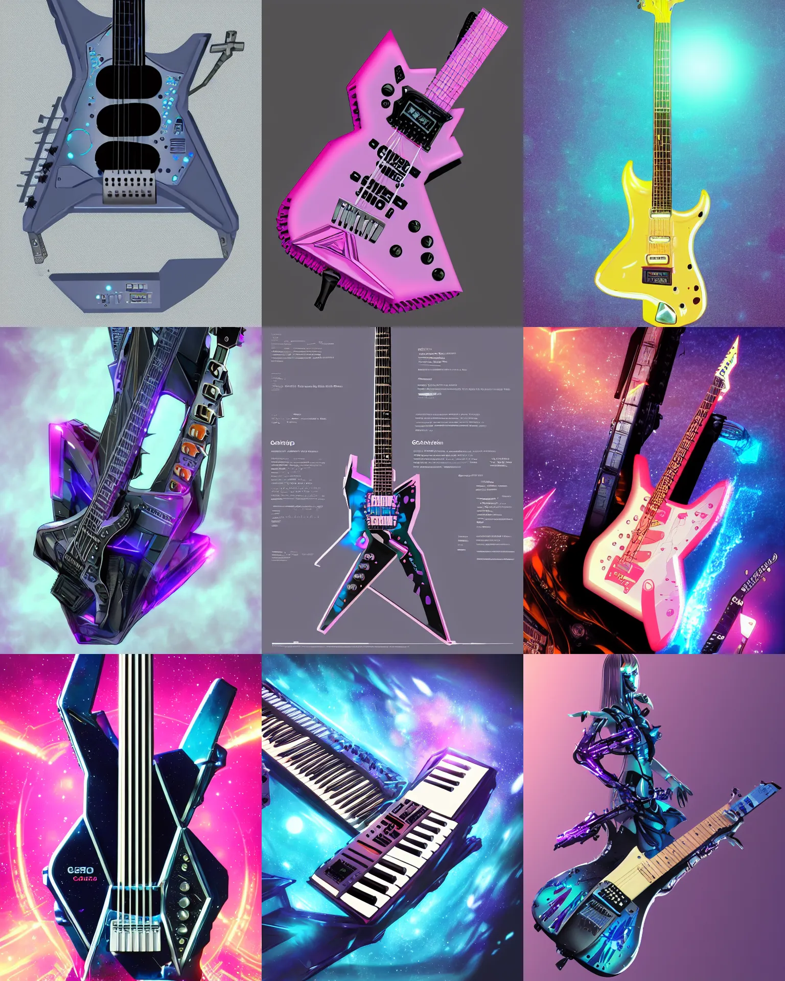 Prompt: casio dg - 2 0 synth guitar for a pop diva from the planet cybertron, sci - fi magical girl aesthetic, trending on artstation, guitar concept art, product photography, full product concept art instrument silhouettes