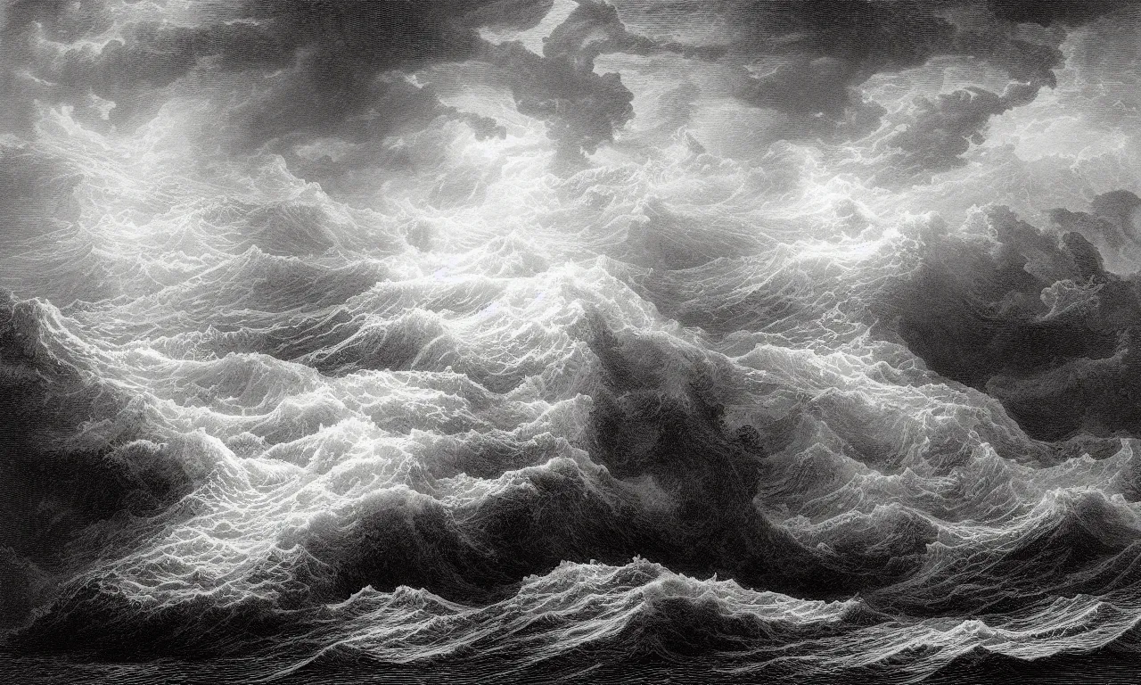 Prompt: an engraving of a storm at sea by gustave dore highly detailed, storybook illustration, lithograph engraving