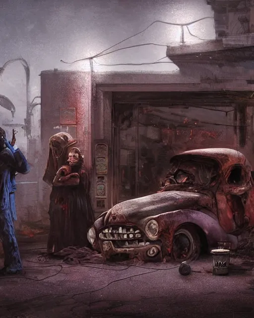 Image similar to a highly detailed epic cinematic concept art CG render digital painting artwork: old dead couple at a decayed gas station surrounded by dark figures. volumetric lighting. By Greg Rutkowski, in the style of Francis Bacon and Syd Mead and Norman Rockwell and Beksinski, open ceiling, highly detailed, painted by Francis Bacon and Edward Hopper, painted by James Gilleard, surrealism, airbrush, Ilya Kuvshinov, WLOP, Stanley Artgerm, very coherent, triadic color scheme, art by Takato Yamamoto and James Jean