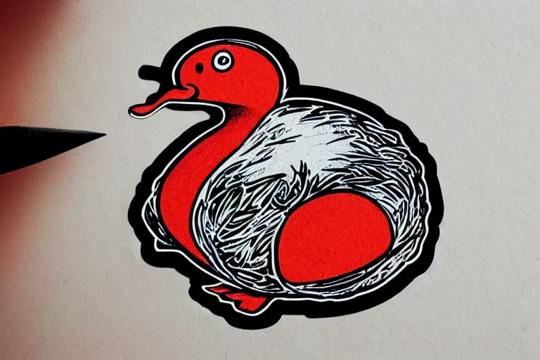 Image similar to a sticker illustration of a smoking duck in lowbrow art style, highly detailed, elegant, intricate