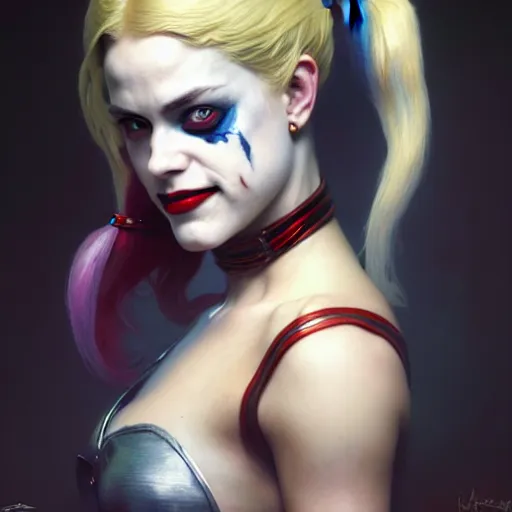 Prompt: portrait painting of harley quinn, ultra realistic, concept art, intricate details, eerie, highly detailed, photorealistic, octane render, 8 k, unreal engine. art by artgerm and greg rutkowski and charlie bowater and magali villeneuve and alphonse mucha