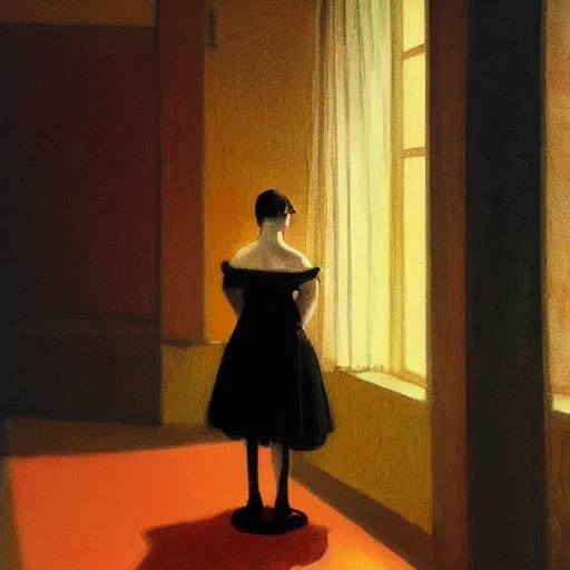 Prompt: an elegant girl in a liminal abandoned room, red and gold, old polaroid by goya, by hopper, digital painting, jugendstil, art noveau, strong lights, flat colors, pastel colors,