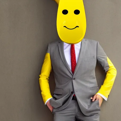 Prompt: a man wearing a suit banana head