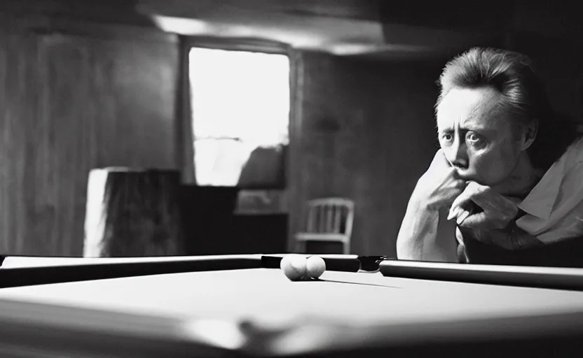 Prompt: christopher walken smoking and shooting pool in the style of Annie Leibovitz, Hasselblad medium format camera, candid, soft lighting, dark, moody, highly detailed, photorealistic,