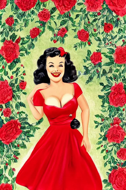 Prompt: a full view portrait of a beautifull woman, wearing a red dress,with a beautifull smile,a garden background.in american style pin up.anatomically correct