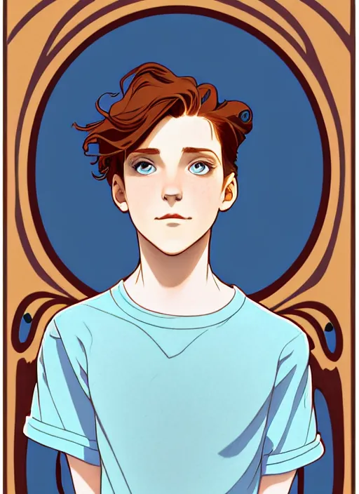 Image similar to art nouveau portrait of a teen boy with completely straight auburn hair, light blue eyes, pale skin, freckles, sad expression, t - shirt, modern casual clothing, natural lighting, path traced, highly detailed, high quality, cartoon, digital painting, by don bluth and ross tran and studio ghibli and alphonse mucha