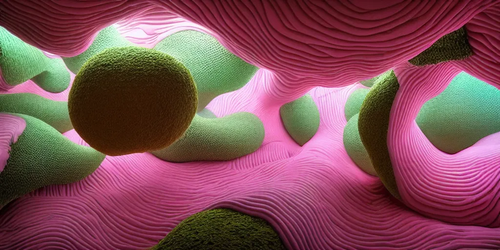 Prompt: biomorphic inflated structures by ernesto neto, light - mint with light - pink color, 4 k, insanely quality, highly detailed, film still from the movie directed by denis villeneuve with art direction by zdzisław beksinski, telephoto lens, shallow depth of field