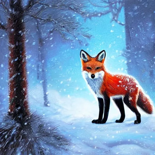 Image similar to a fantasy artwork of a red fox in the snow during a blizzard