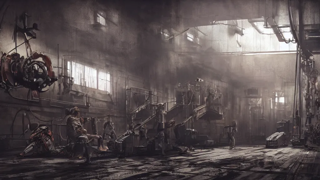 Image similar to a photorealistic dramatic hyperrealistic life in a cyborg factory, ultra realistic details, glossy surface, well worn, rust, oil stains designed by vitaly bulgarov and mike nash, beautiful dramatic dark moody tones and lighting, cinematic atmosphere, global illumination, shadows, dark background, octane render, 8 k