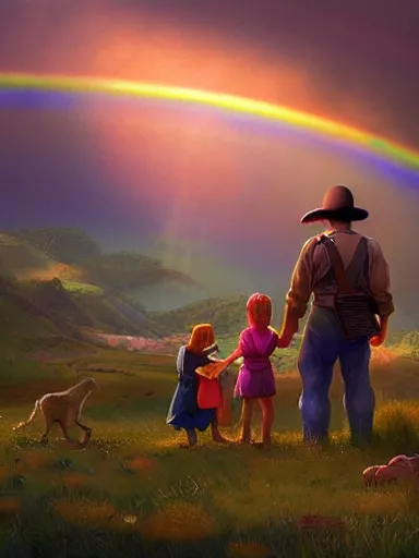 Image similar to dad. mom. kids. a happy familly looking at a distant rainbow. green valley horizon. a village. intricate, elegant, highly detailed, digital painting, artstation, concept art, sharp focus, illustration, by justin gerard and artgerm, 8 k