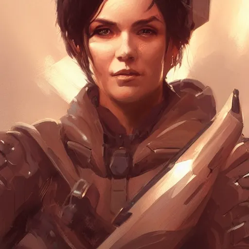 Prompt: Portrait of a woman by Greg Rutkowski, a half elf female marine with bob black hair, flirtatious and joking attitude, wearing tactical gear, highly detailed portrait, scifi, MMORPG, digital painting, artstation, concept art, smooth, sharp foccus ilustration, Artstation HQ