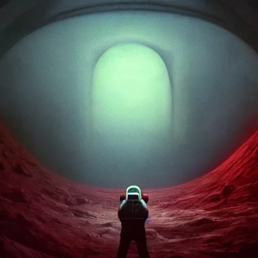 Image similar to ultra realistic, astronaut looking up at big eerie hell cathedral on a destroyed planet, Zdzisław Beksiński style, black and red background, occult, photo realistic, dark atmosphere