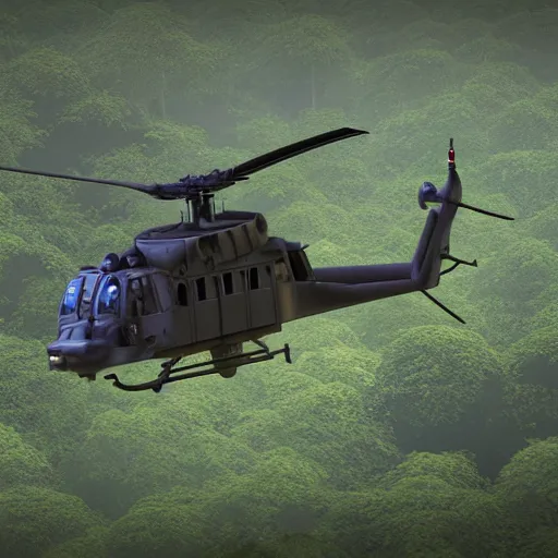 Prompt: UH-60 Helicopter flying over jungle at dawn high detail render