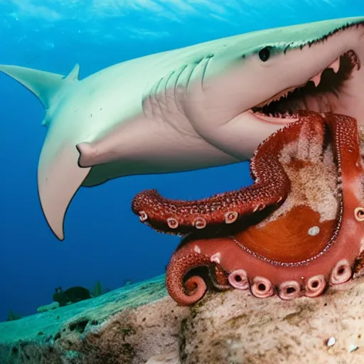 Image similar to photograph of an octopus eating a hammerhead shark, Award winning National Geographic photo