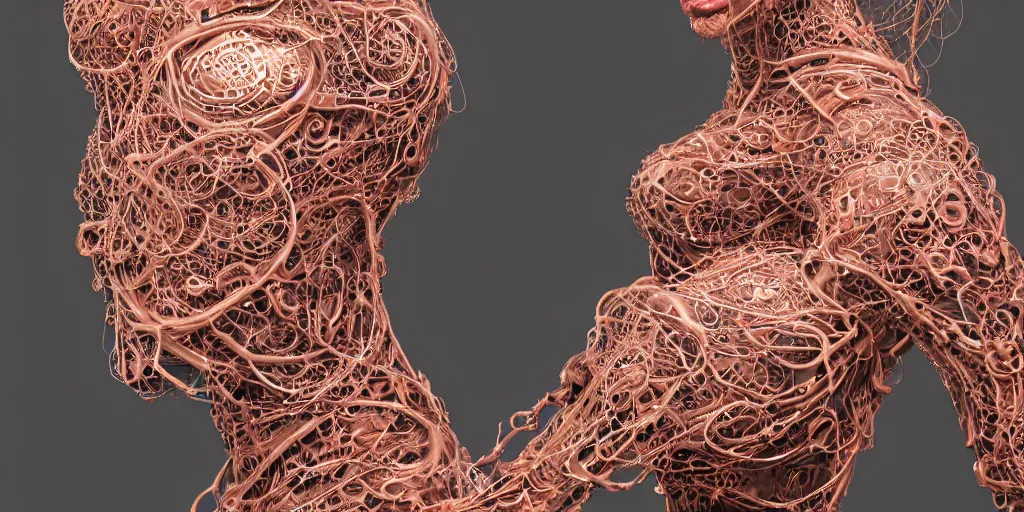 Image similar to photorealistic gorgeous symmetrical female cyborg, spreading threads, tendrils, ribbon highly detailed, arms stretched, knees together, intricate, exuberant filigree, in the style of beth cavener, jin kagetsu, wlop, masterpiece, concept art, high key lighting, ambient lighting, octane render, 8 k, artstation