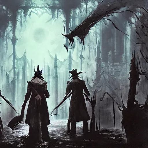 Prompt: a group of hunter from bloodborne sitting next to each other in a room, concept art by yoshiyuki tomino, behance contest winner, retrofuturism, toonami, redshift, official art