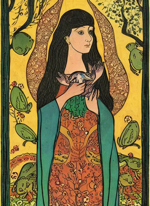 Prompt: portrait of a young woman holding a frog ; forest ; moon and stars ; slavic tale ; ivan bilibin style ; 8 k ;