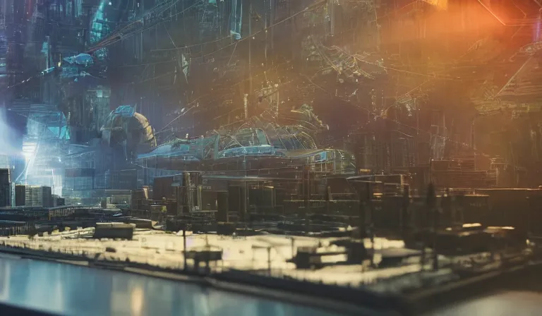 Image similar to group of people in simple warehouse, looking at hologram of futuristic city on a table, cinematic concept art, godrays, golden hour, natural sunlight, 4 k, clear details, tabletop model buildings, center model buildings, hologram center, crane shot, crane shot, crane shot