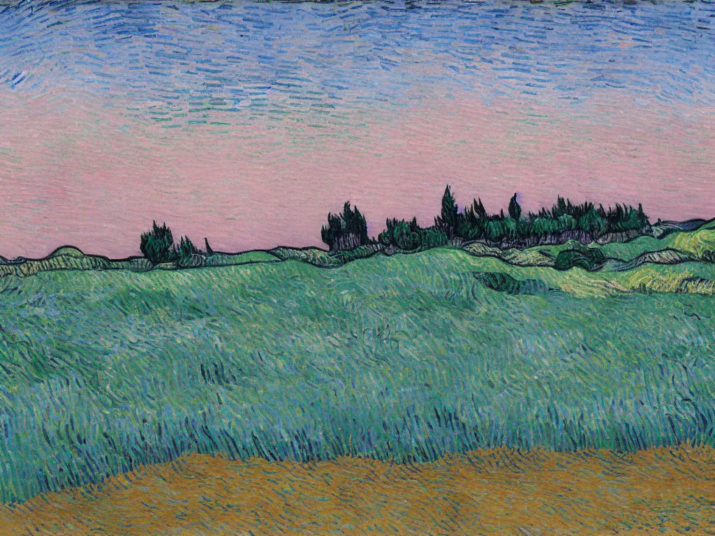 Prompt: wheat field with cypresses by van gogh, pink and teal, inspired by tim burton