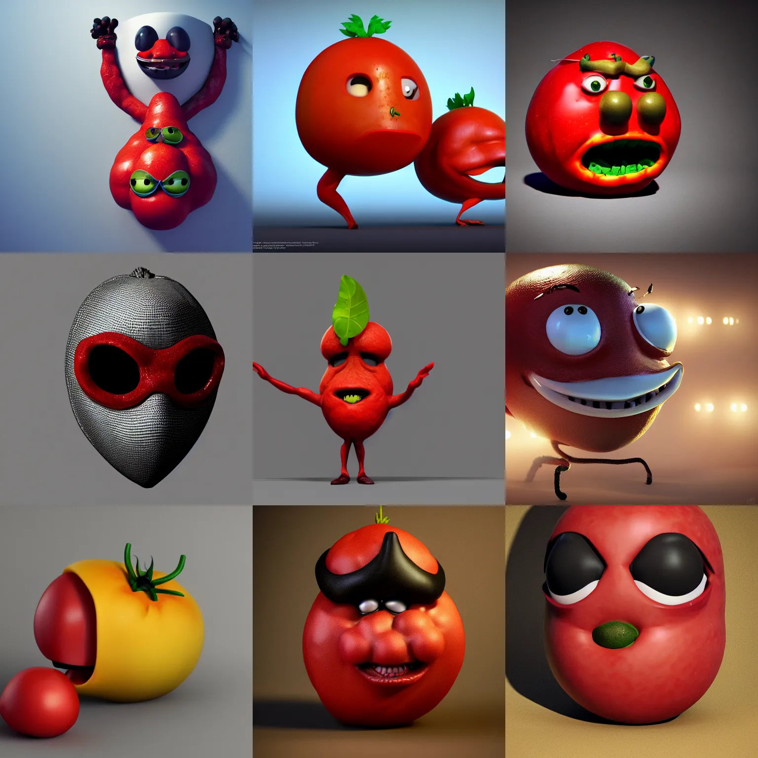 Prompt: highly detailed 3 d render of a deviant tomato character, wearing a black pantalone masquerade mask, hyper realistic octane render, cinematic lighting, deviantart, lowbrow, surrealism, pixar still