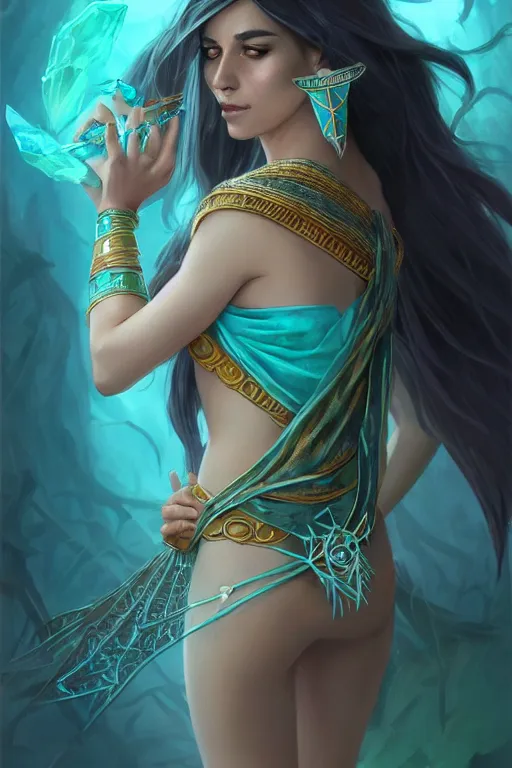 Image similar to beautiful sorceress female with teal colored skin, full body shot, long hair made of kelp, egyptian clothing, carrying a crystal stuff, d & d, fantasy, intricate, elegant, highly detailed, digital painting, artstation, concept art, matte, sharp focus, illustration, hearthstone, art by artgerm and greg rutkowski and alphonse mucha