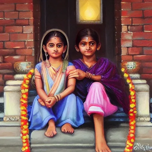 Prompt: beautiful young indian sister and brother, both sitting together holding hands on the steps of their house front entrance. happy raksha bandhan theme. high detailed oil painting by charlie bowater