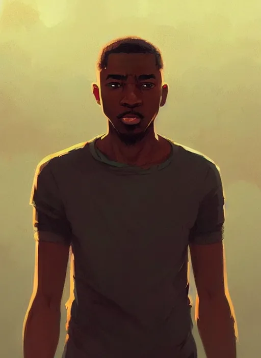 Image similar to dream highly detailed portrait of a black man looking confused, unaware of his surrounding, magnificent, photographic realistic background, by atey ghailan, by greg rutkowski, by greg tocchini, by james gilleard, by joe fenton, by kaethe butcher, trending on instagram, award winning details