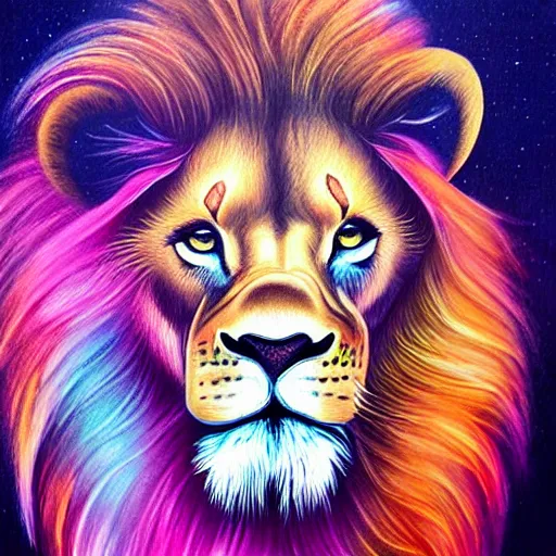 Prompt: luminescent colorful detailed airbrush painting of lion with long flowing mane